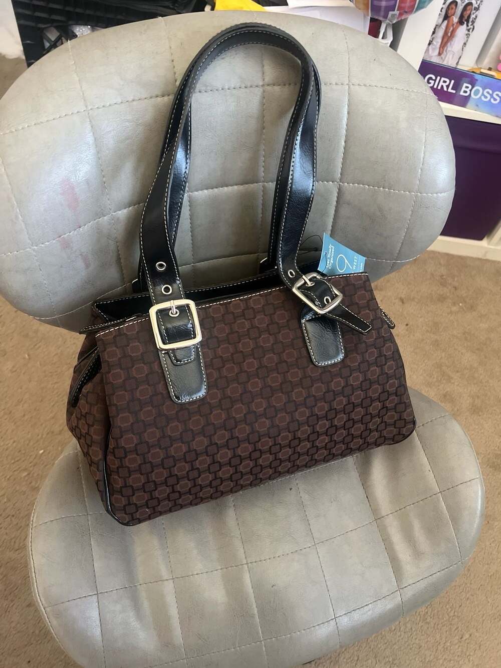 NWT Nine West Monogram Pattern Triple Compartment Shoulder Bag Brown and Black
